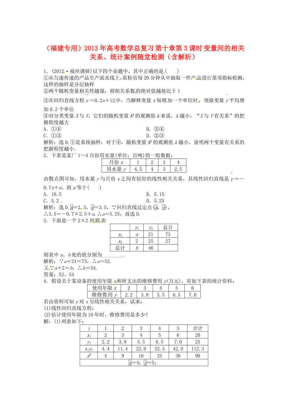 （福建專用）2013年高考數(shù)學(xué)總復(fù)習(xí) 第十章第3課時(shí) 變量間的相關(guān)關(guān)系、統(tǒng)計(jì)案例隨堂檢測（含解析）_第1頁