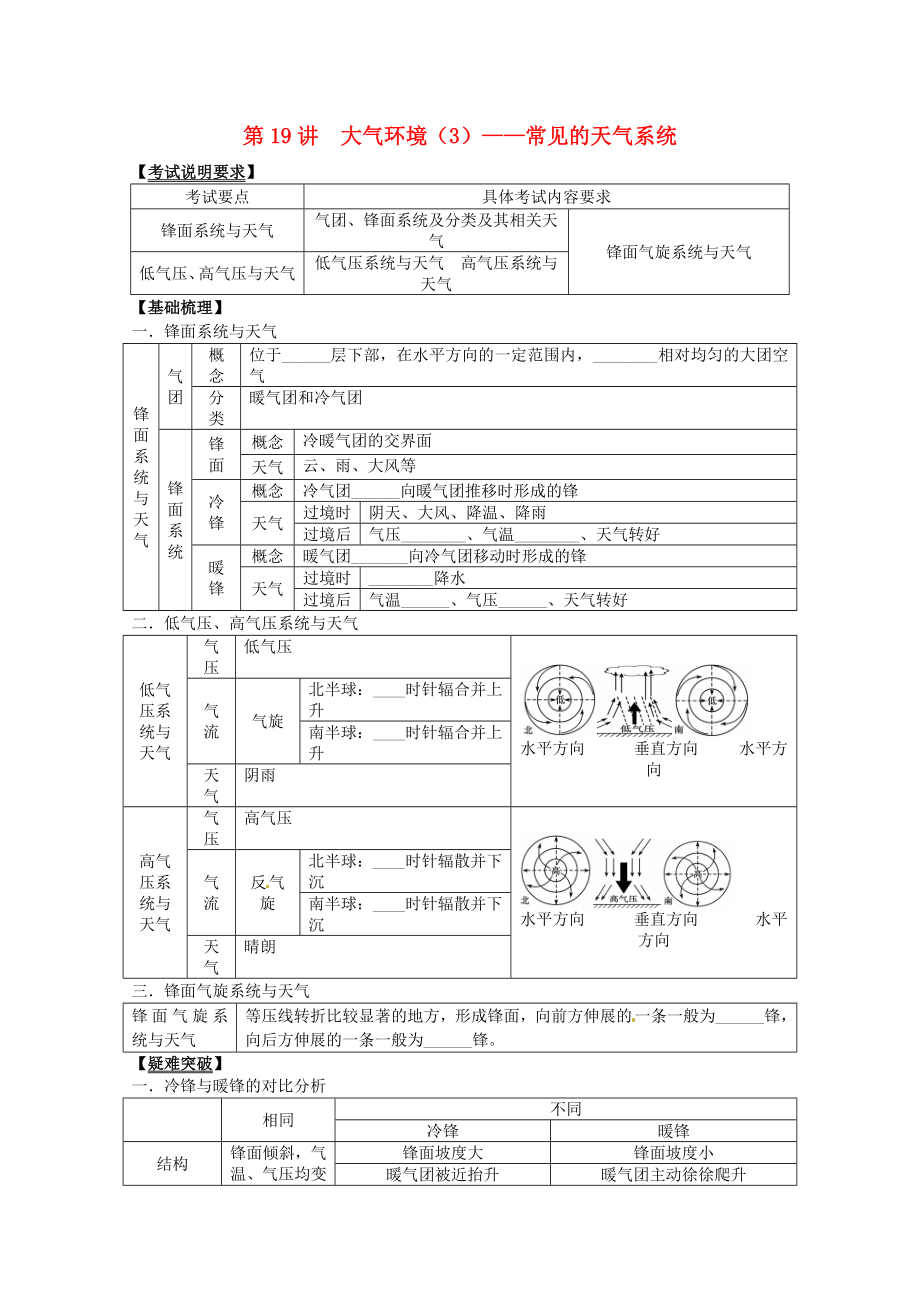 2014高考地理一輪全程復(fù)習(xí)方案 第19講 大氣環(huán)境（3）常見的天氣系統(tǒng) 湘教版_第1頁