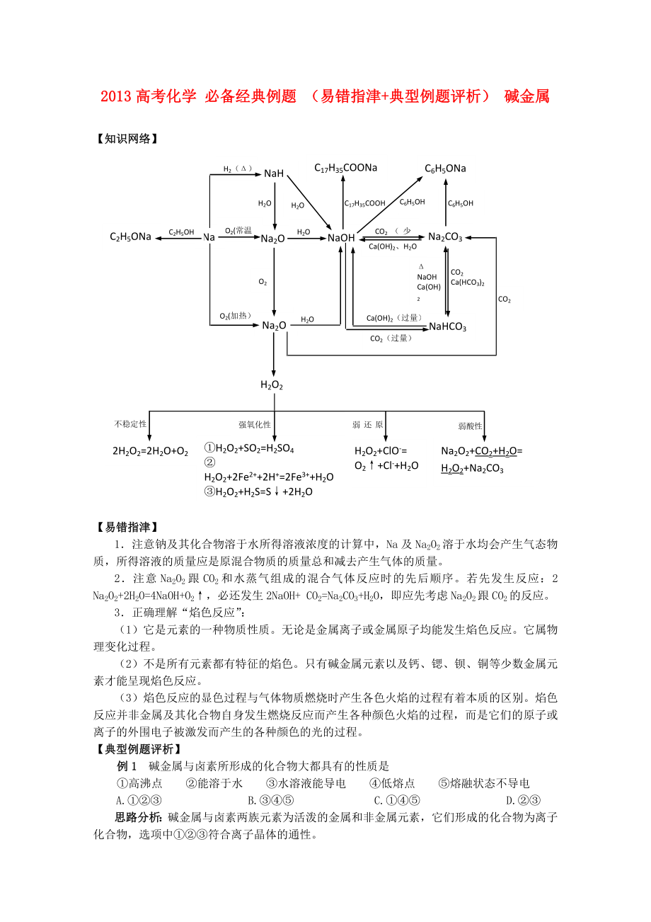 2013高考化學(xué) 必備經(jīng)典例題 （易錯(cuò)指津+典型例題評(píng)析） 堿金屬_第1頁