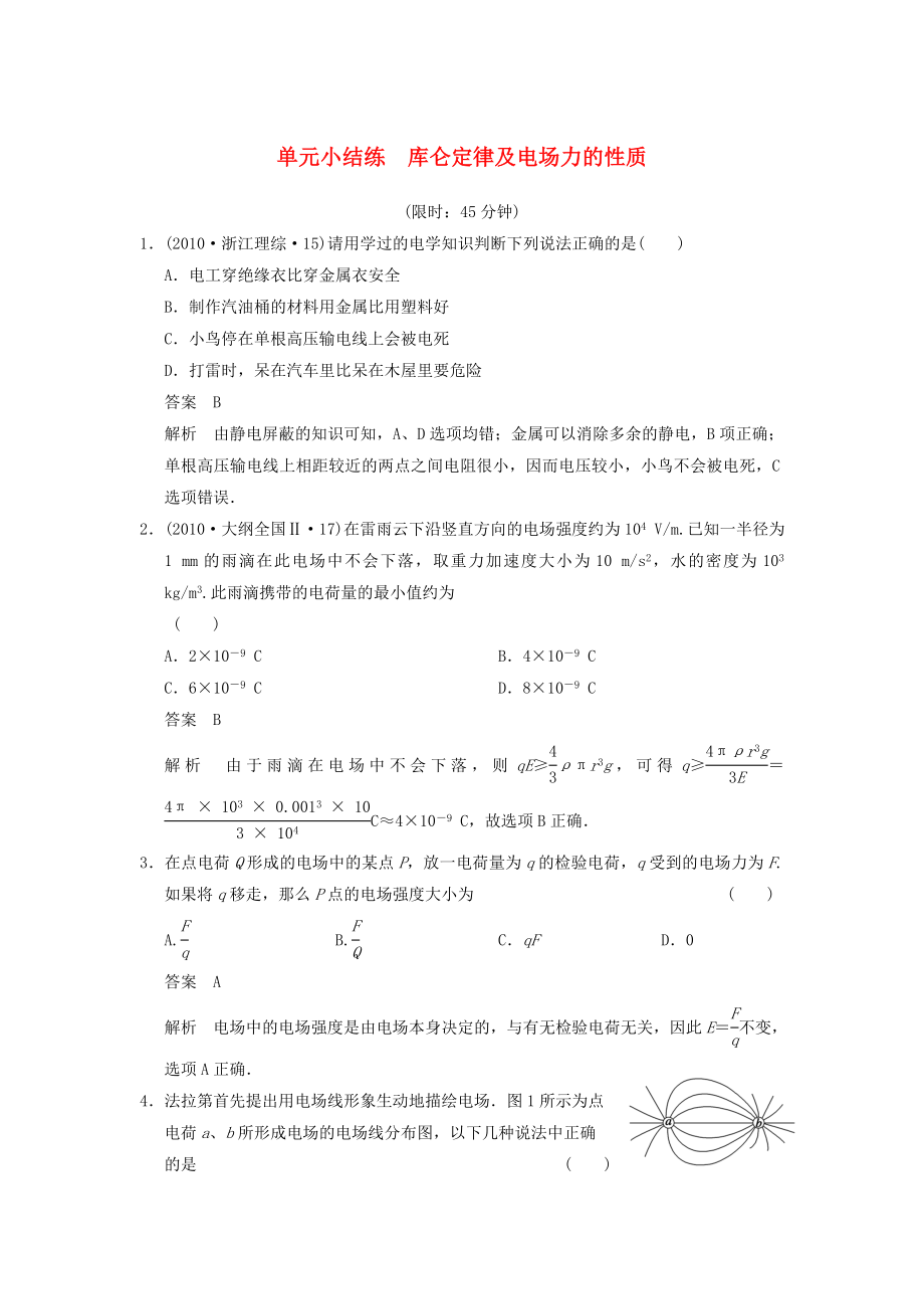 2014年高考物理復(fù)習(xí) 第6章 庫侖定律及電場力的性質(zhì)單元小結(jié)練（1）（含解析） 新人教版_第1頁