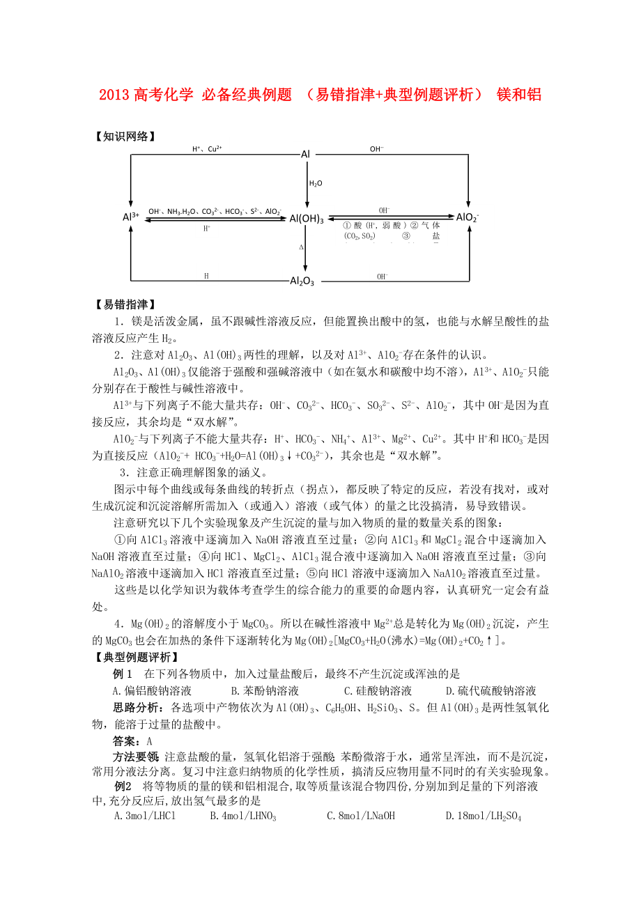 2013高考化學(xué) 必備經(jīng)典例題 （易錯(cuò)指津+典型例題評(píng)析） 鎂和鋁_第1頁(yè)