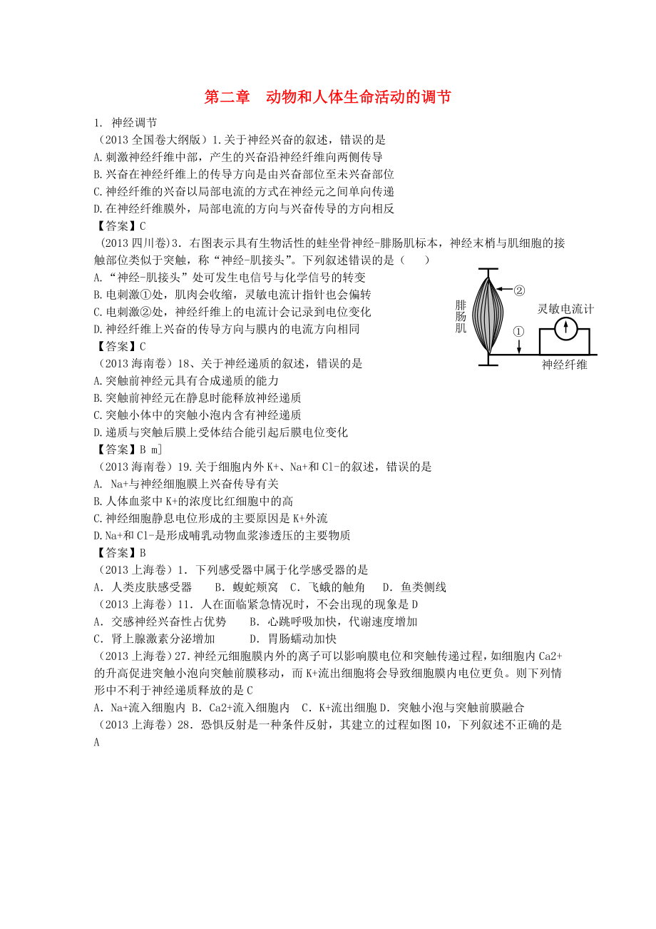 2013年高考生物真題試題分章匯編 動(dòng)植物的穩(wěn)態(tài) 第二章 動(dòng)物和人體生命活動(dòng)的調(diào)節(jié) 新人教版必修3_第1頁