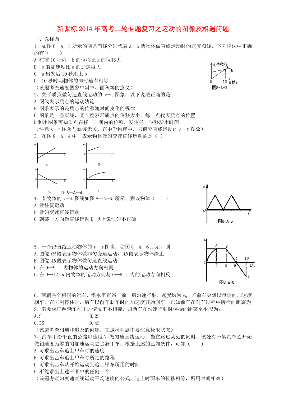 （新課標(biāo)）2014年高考物理二輪專題復(fù)習(xí) 運(yùn)動(dòng)的圖像及相遇問(wèn)題_第1頁(yè)