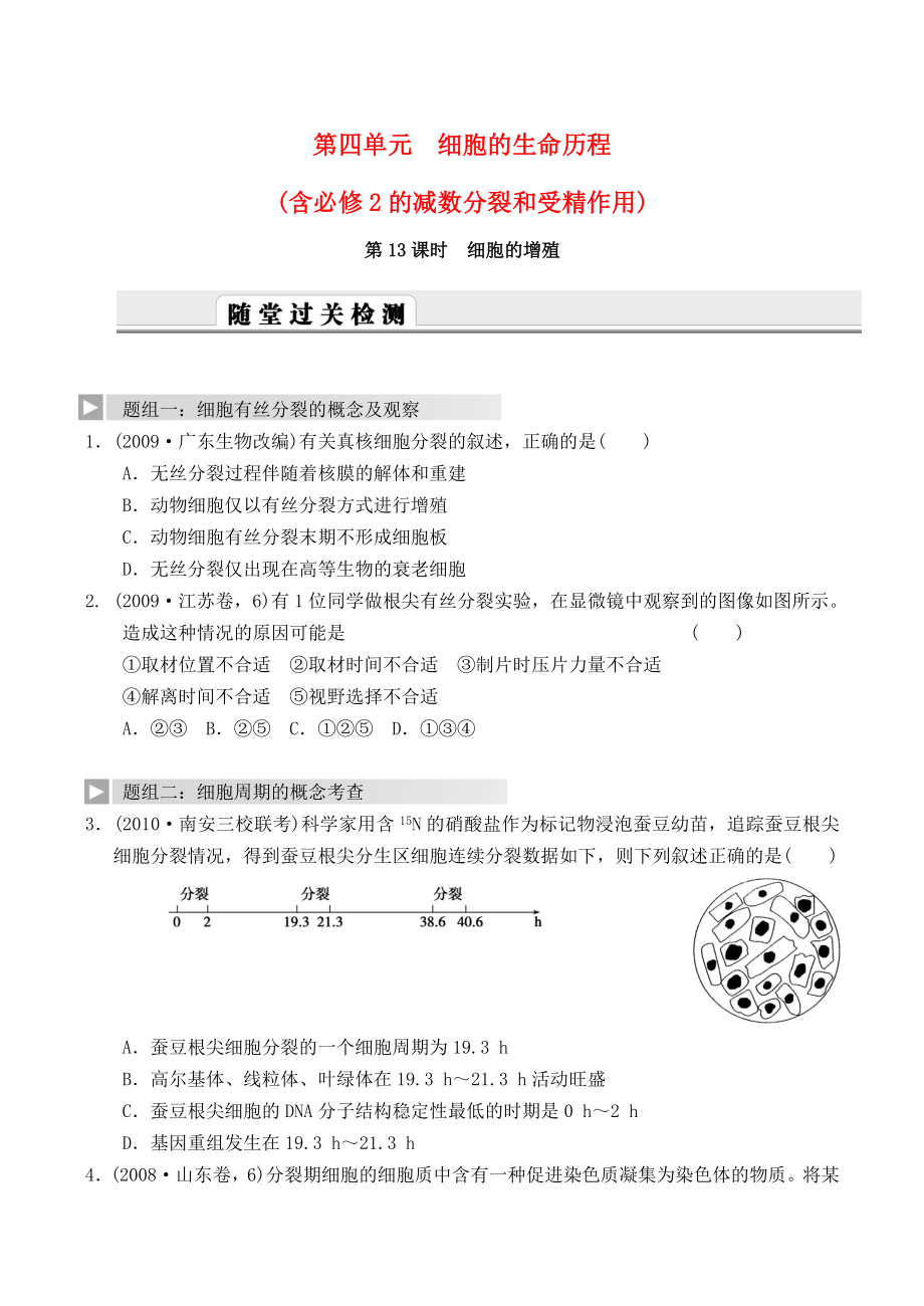 2012高考生物一輪復(fù)習(xí) 精編練習(xí)資料 第13課時(shí) 細(xì)胞的增殖 新人教版必修1_第1頁(yè)