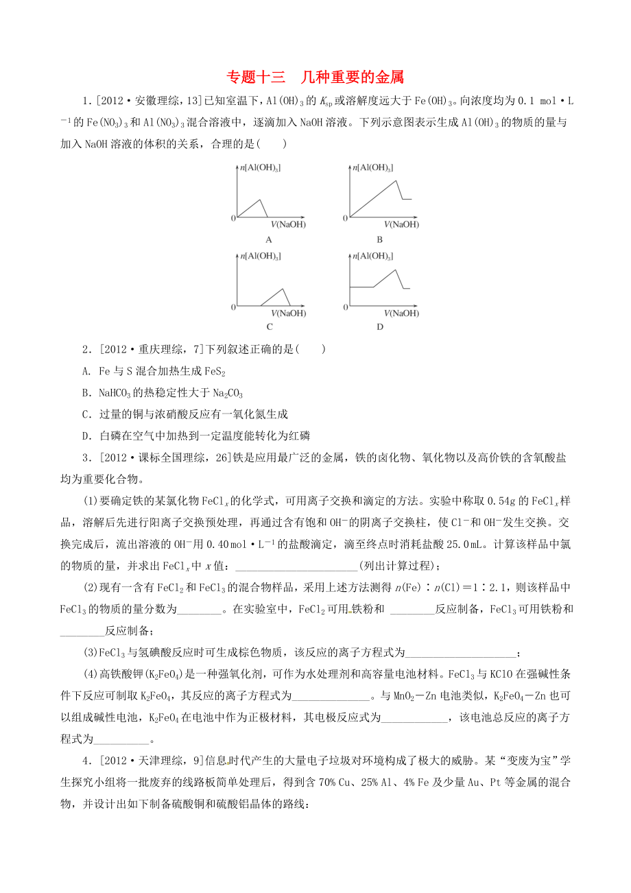 2013高考化學(xué) 必考題型早知道 專題十三 幾種重要的金屬 新人教版_第1頁