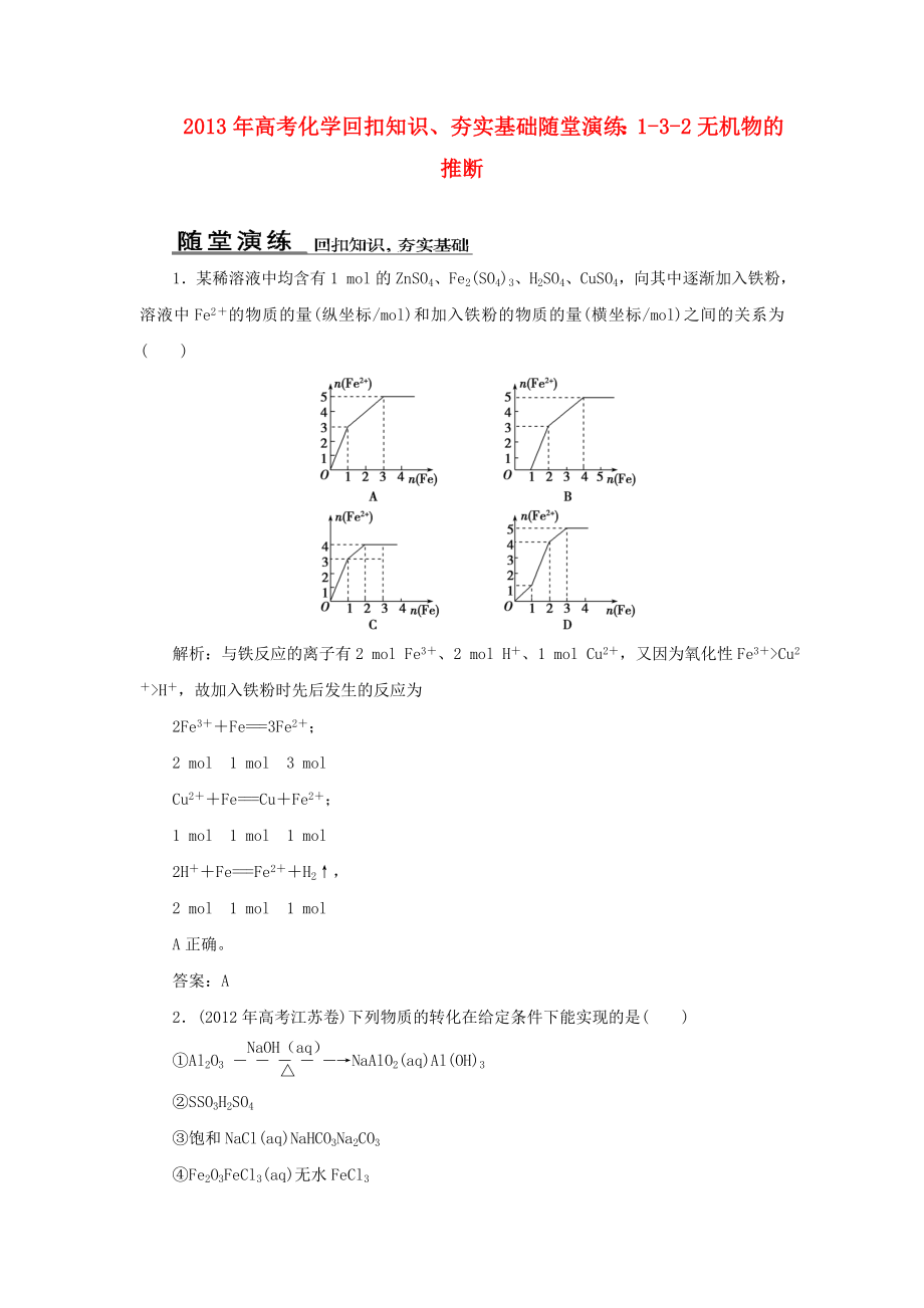 2013年高考化學(xué) 回扣知識(shí)、夯實(shí)基礎(chǔ)隨堂演練 1-3-2無機(jī)物的推斷_第1頁