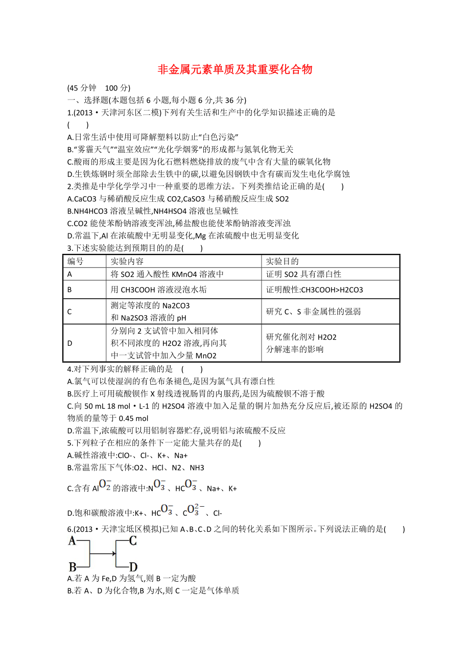 （江西专用）2015届高三化学二轮复习专项检测题6 非金属元素单质及其重要化合物_第1页