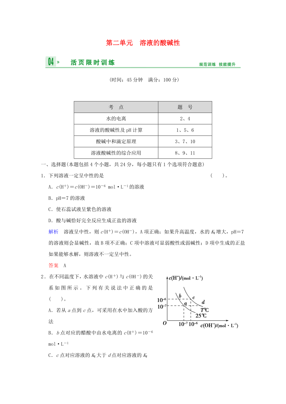 （江蘇專用）2014高考化學一輪復習精練 第七章專題七 第二單元 溶液的酸堿性_第1頁