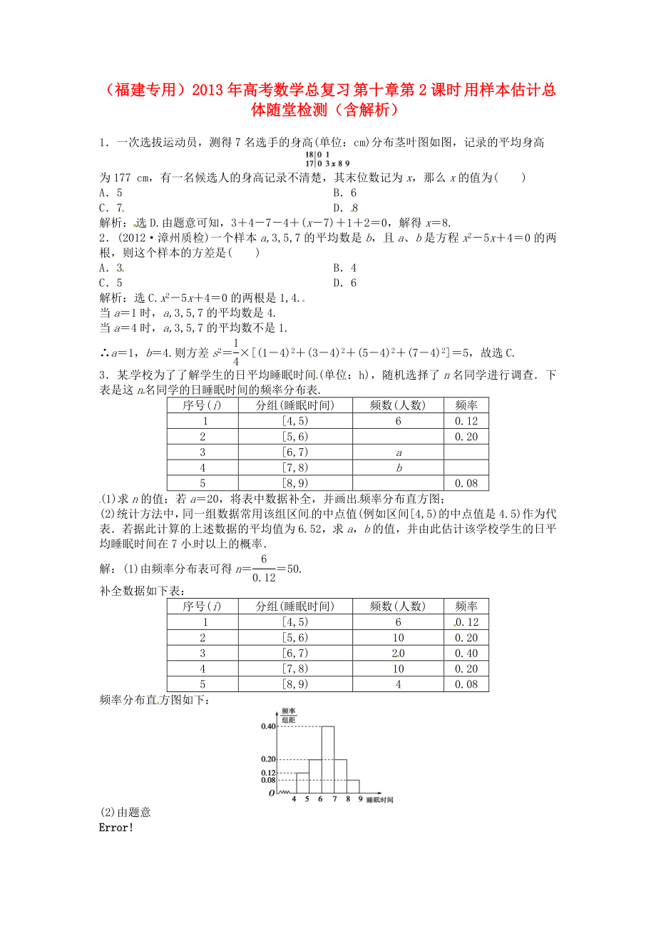 （福建專用）2013年高考數(shù)學總復(fù)習 第十章第2課時 用樣本估計總體隨堂檢測（含解析）_第1頁