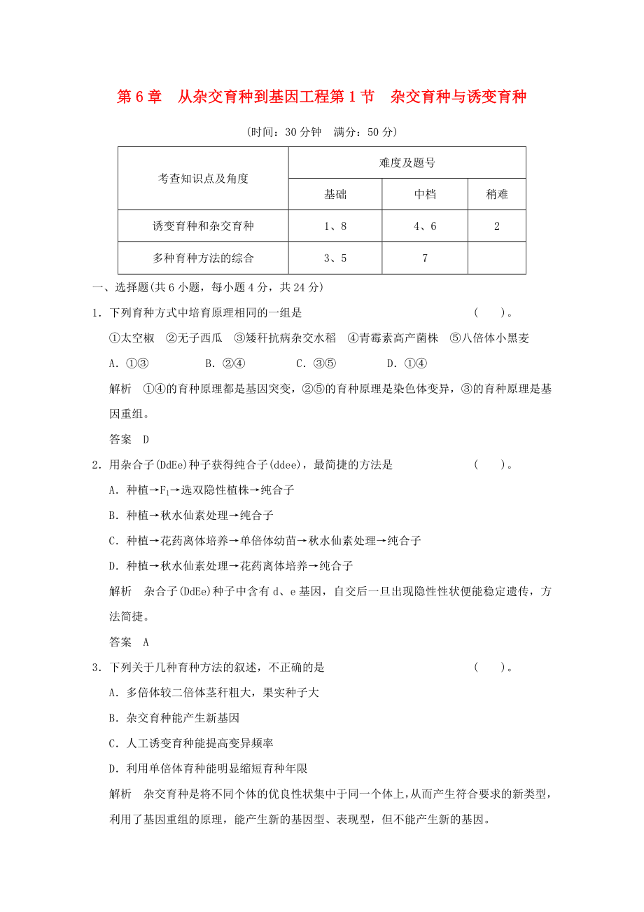 2013年高中生物 6-1雜交育種與誘變育種同步習(xí)題 新人教版必修2_第1頁