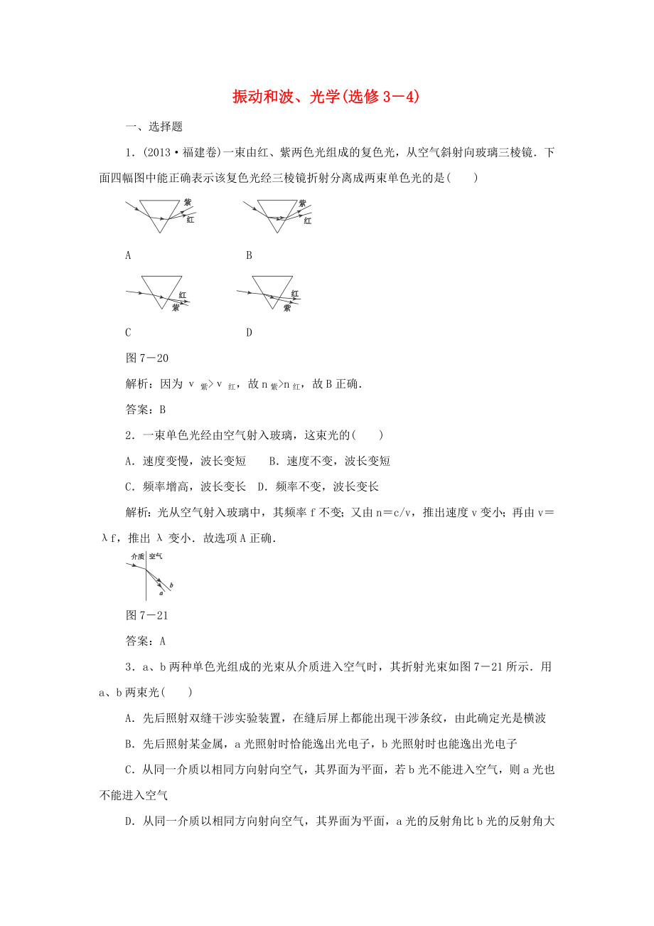 2015高考物理 振动和波、光学冲关训练1（含解析）_第1页