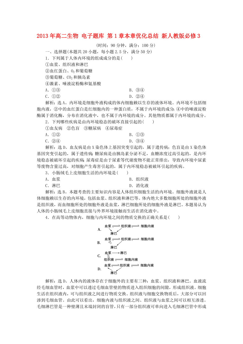 2013年高中生物 電子題庫 第1章本章優(yōu)化總結 新人教版必修3_第1頁