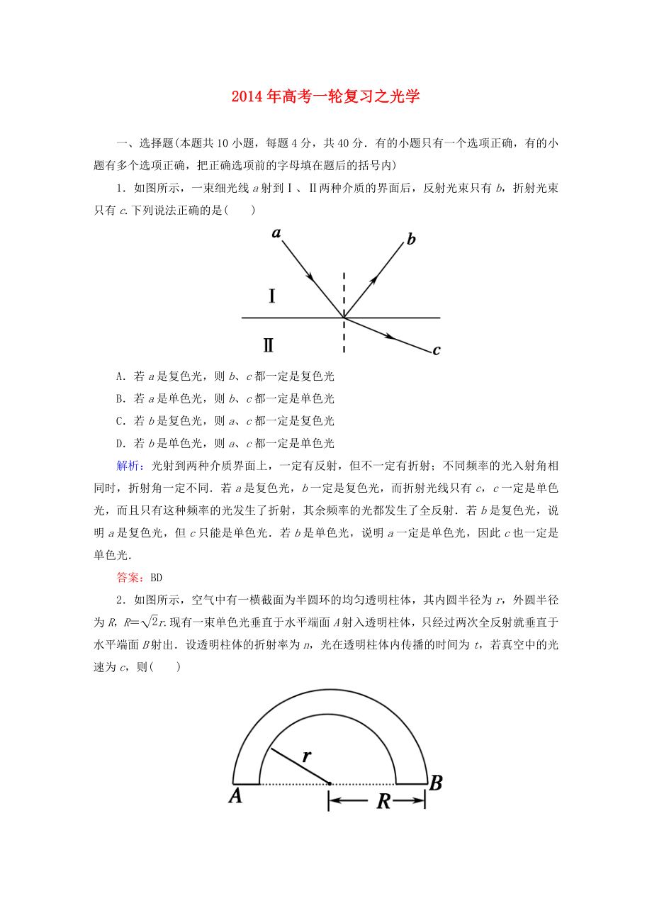 2014年高考物理一輪復(fù)習(xí) 章節(jié)訓(xùn)練 光學(xué)_第1頁(yè)