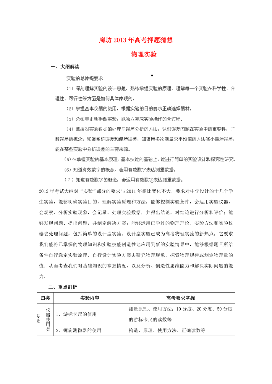 （新课标卷）河北省廊坊市2013年高考物理押题猜想 物理实验_第1页