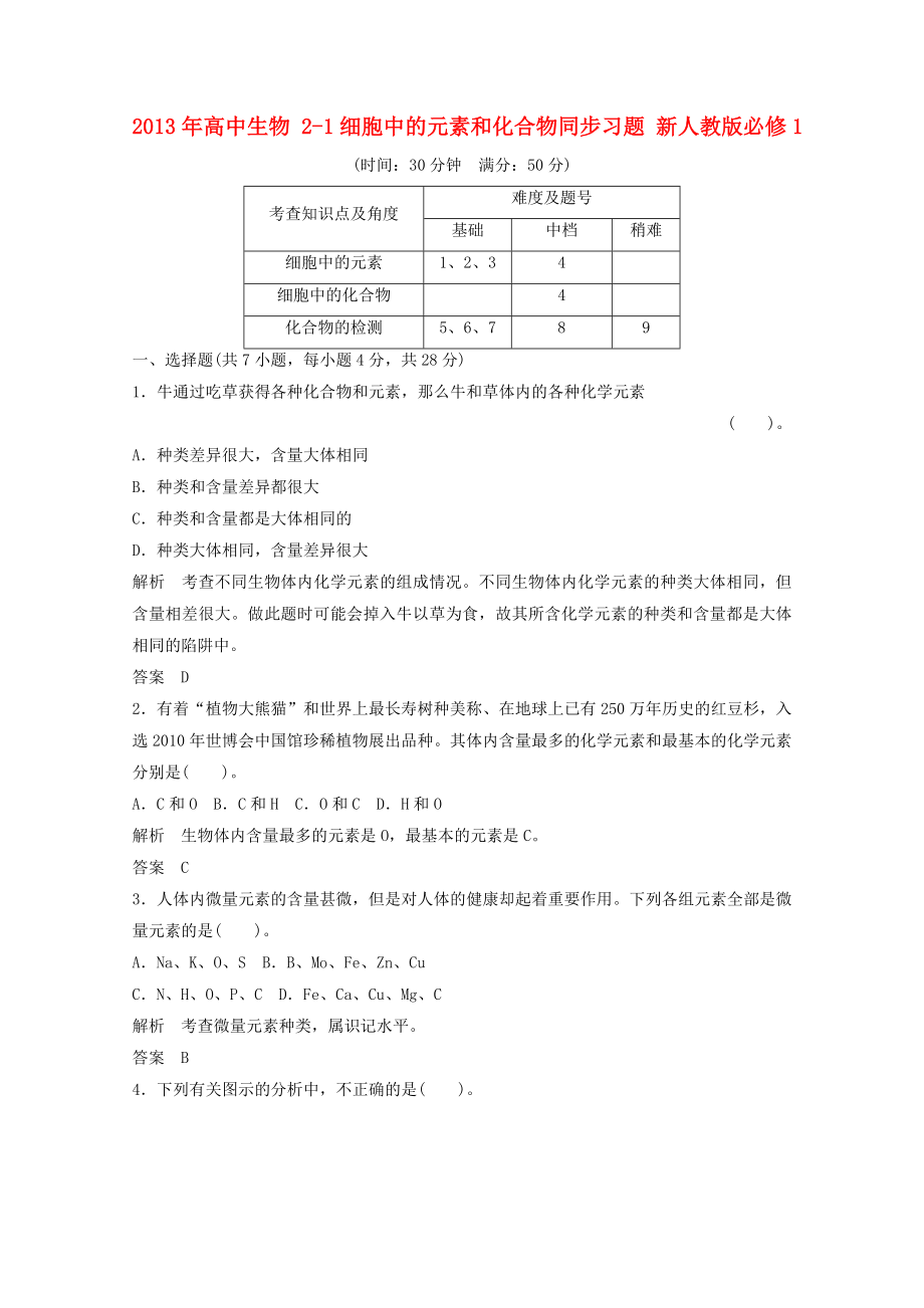 2013年高中生物 2-1細(xì)胞中的元素和化合物同步習(xí)題 新人教版必修1_第1頁