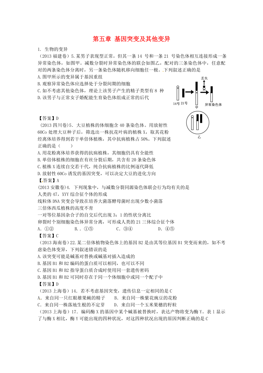 2013年高考生物真題試題分章匯編 遺傳和變異 第五章 基因突變及其他變異 新人教版必修2_第1頁