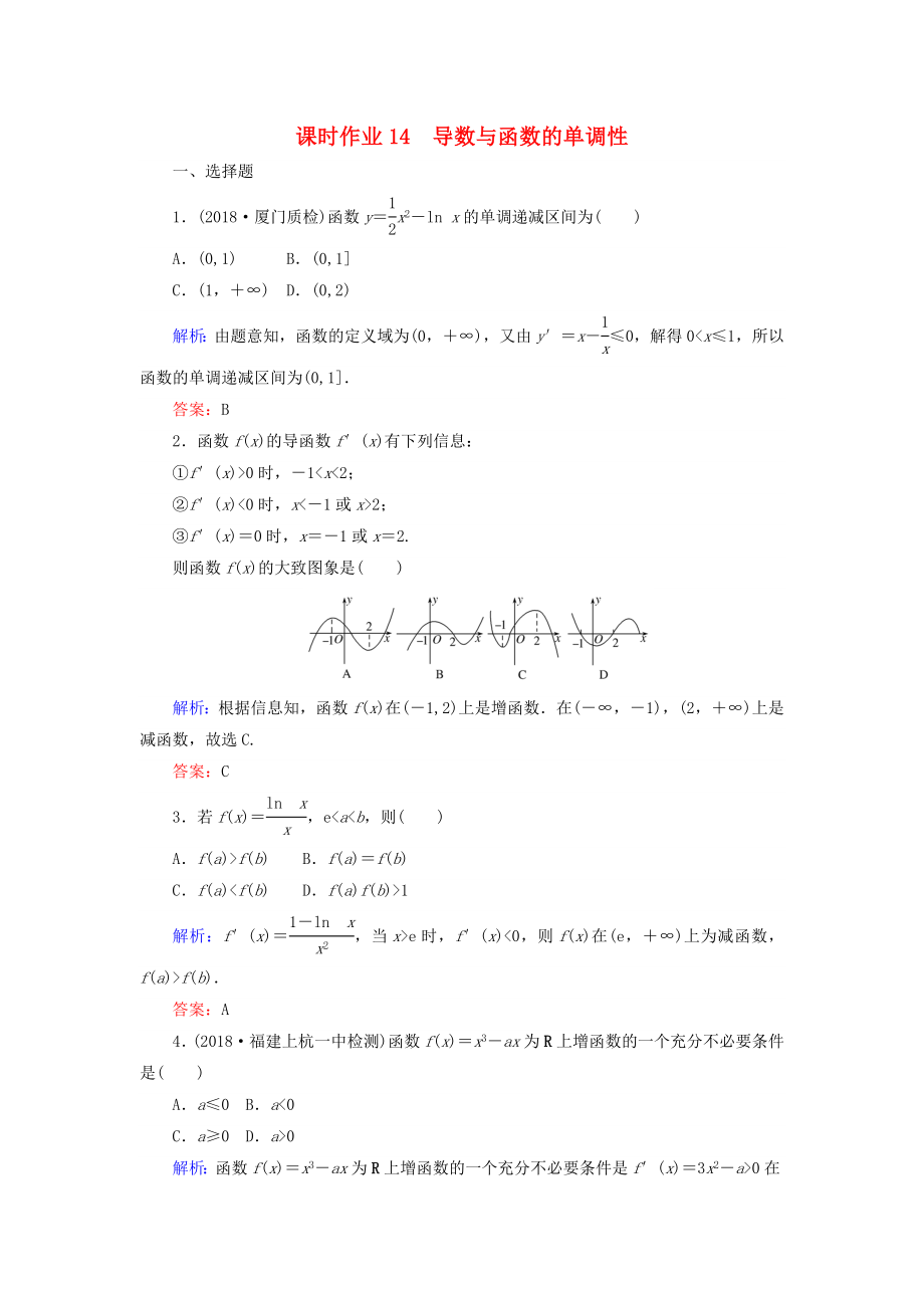 2019版高考数学总复习第二章函数导数及其应用14导数与函数的单调性课时作业文_第1页