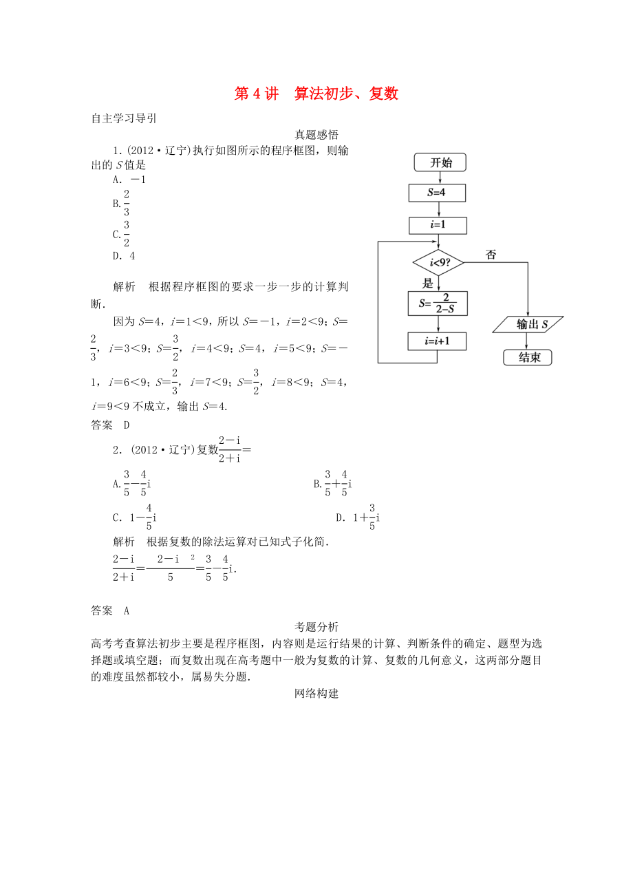 2013届高三数学二轮复习 专题六 第4讲 算法初步、复数教案_第1页