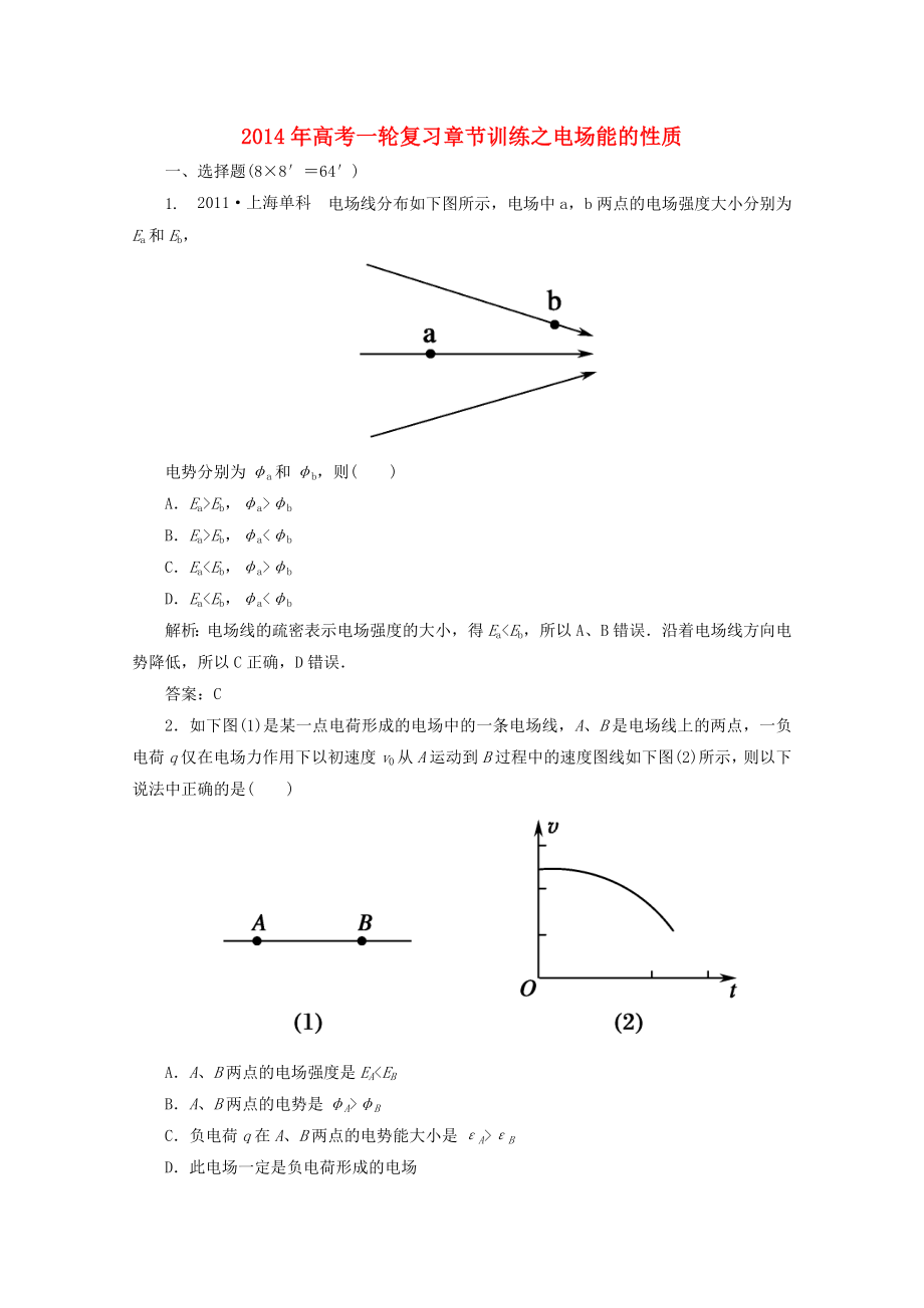 2014年高考物理一輪復(fù)習(xí) 章節(jié)訓(xùn)練 電場(chǎng)能的性質(zhì)_第1頁(yè)