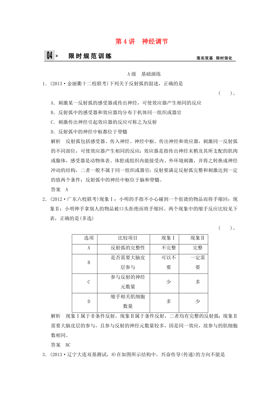 2014屆高三生物一輪 限時(shí)規(guī)范訓(xùn)練 3-1-4神經(jīng)調(diào)節(jié)（含解析）中圖版_第1頁