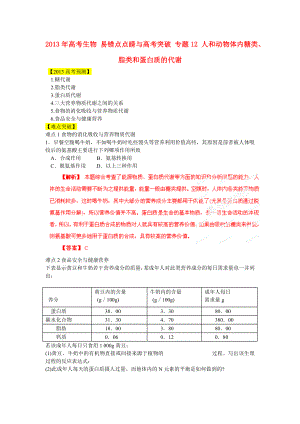 2013年高考生物 易錯(cuò)點(diǎn)點(diǎn)睛與高考突破 專題12 人和動(dòng)物體內(nèi)糖類、脂類和蛋白質(zhì)的代謝