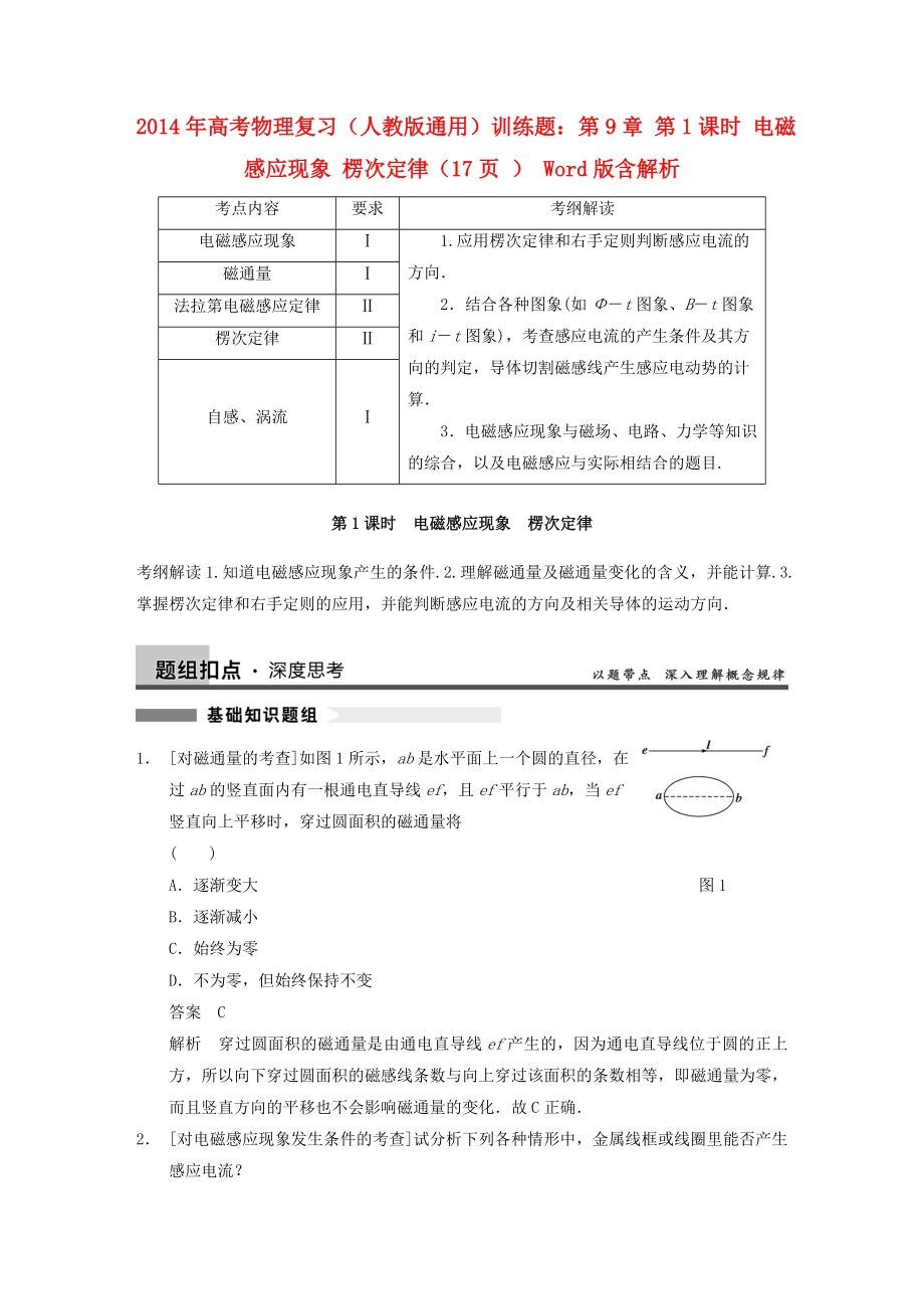 2014年高考物理復(fù)習(xí) 第9章 第1課時(shí) 電磁感應(yīng)現(xiàn)象 楞次定律訓(xùn)練題 新人教版_第1頁(yè)