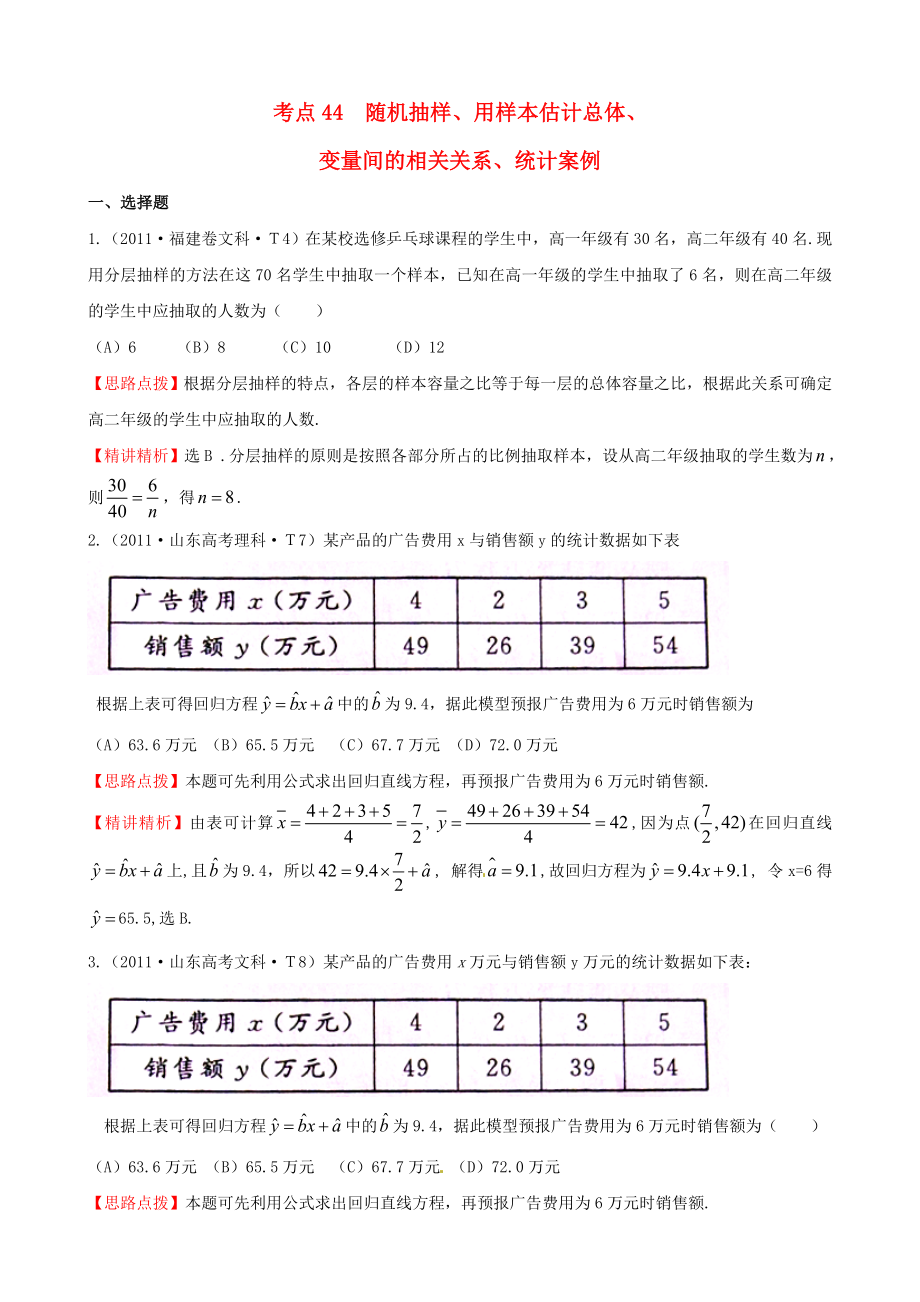 2011年高考數(shù)學(xué) 考點44隨機抽樣、用樣本估計總體、變量間的相關(guān)關(guān)系、統(tǒng)計案例_第1頁