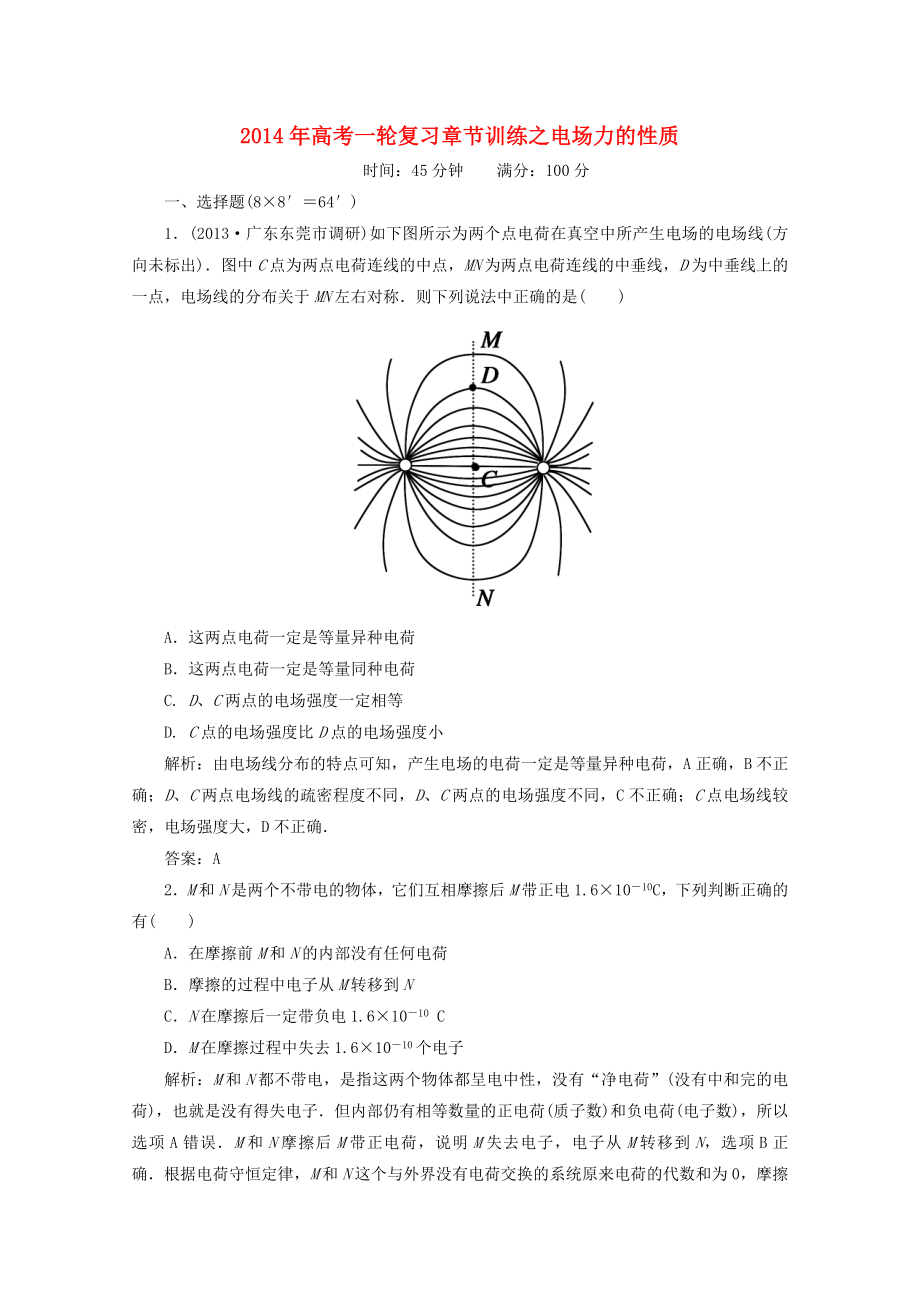 2014年高考物理一輪復(fù)習(xí) 章節(jié)訓(xùn)練 電場(chǎng)力的性質(zhì)_第1頁