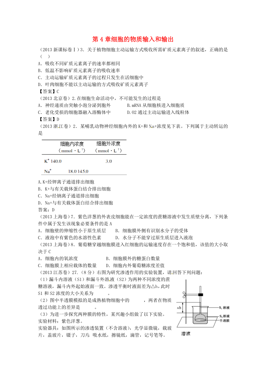 2013年高考生物真題試題分章匯編 分子與細(xì)胞 第四章 細(xì)胞的物質(zhì)輸入和輸出 新人教版必修1_第1頁(yè)