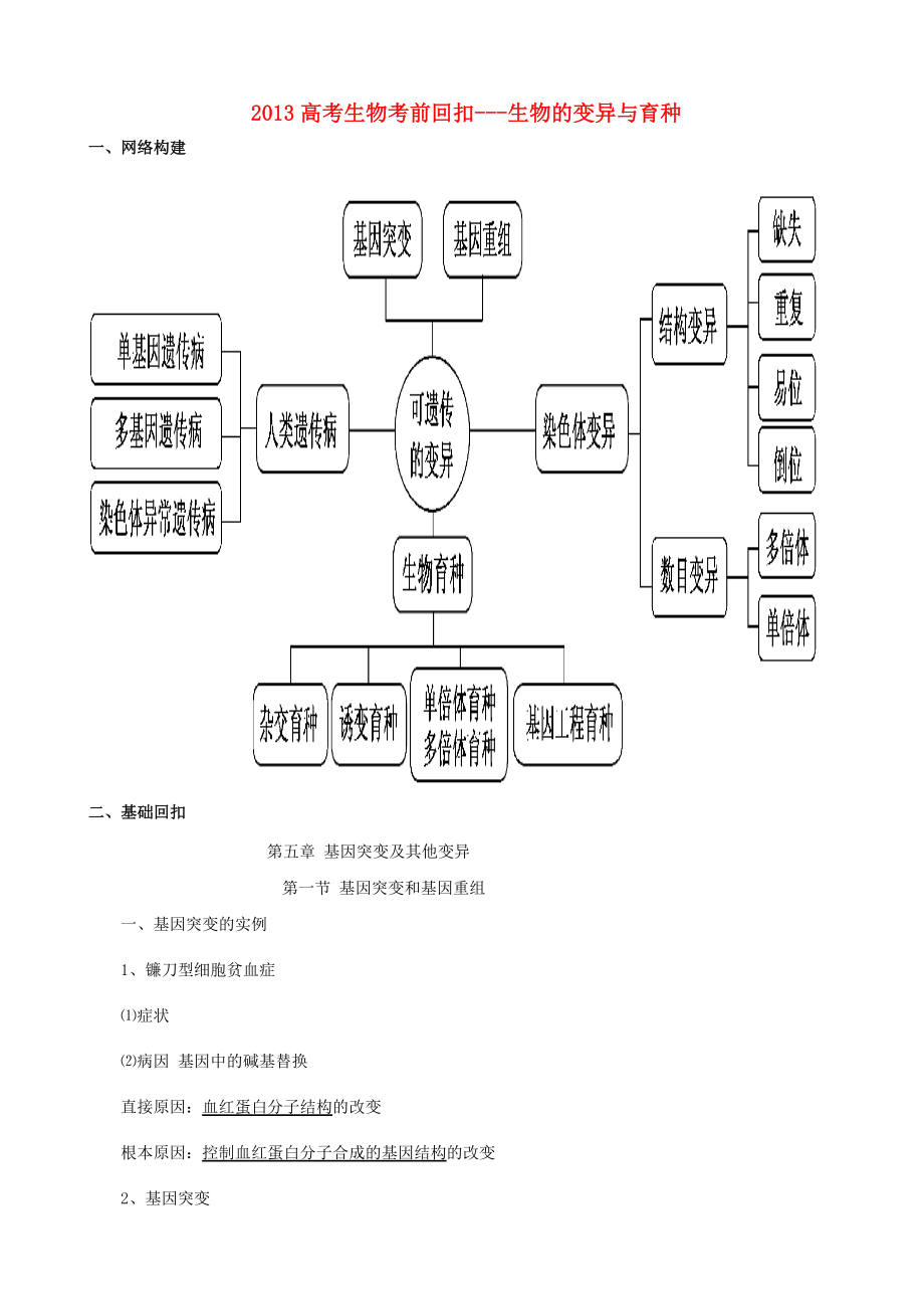 2013高考生物 考前回扣 生物的變異與育種（含解析）新人教版_第1頁(yè)