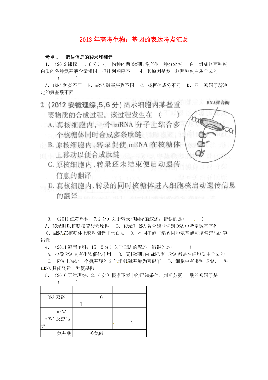 2013年高考生物 基因的表達考點匯總（含高考真題解析）_第1頁