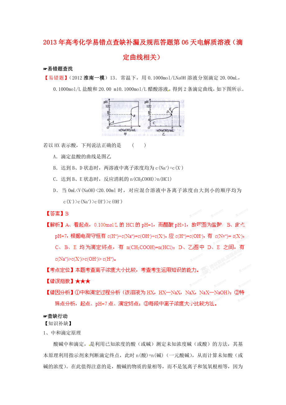 2013年高考化學(xué) 易錯點查缺補(bǔ)漏及規(guī)范答題 第06天 電解質(zhì)溶液（滴定曲線相關(guān)）_第1頁