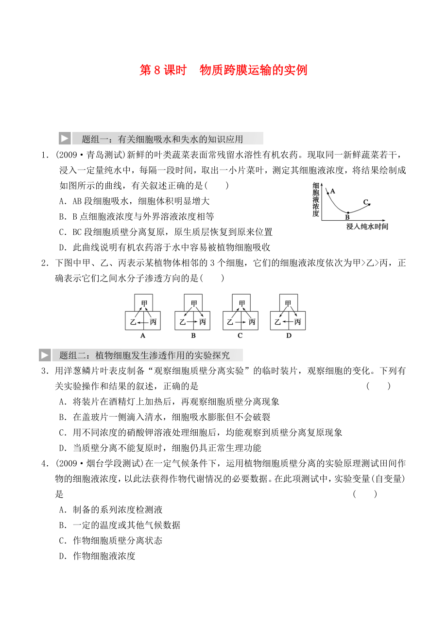 2012高考生物一輪復(fù)習(xí) 精編練習(xí)資料 第8課時(shí) 物質(zhì)跨膜運(yùn)輸?shù)膶?shí)例 新人教版必修1_第1頁