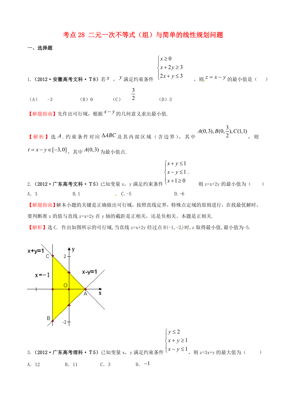 2012年高考數(shù)學(xué) 考點(diǎn)28 二元一次不等式（組）與簡(jiǎn)單的線性規(guī)劃問題_第1頁(yè)