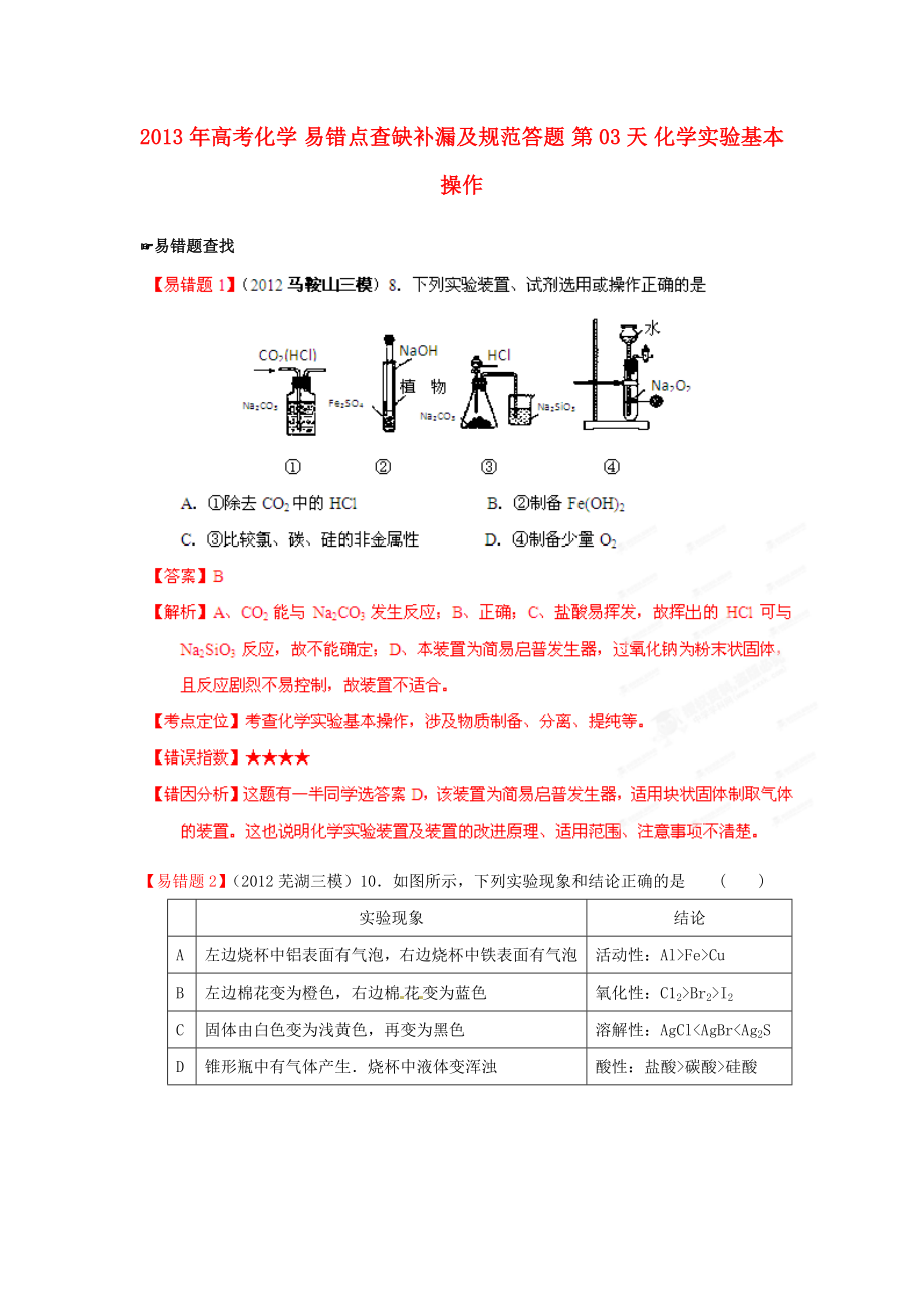 2013年高考化學(xué) 易錯點(diǎn)查缺補(bǔ)漏及規(guī)范答題 第03天 化學(xué)實(shí)驗(yàn)基本操作_第1頁