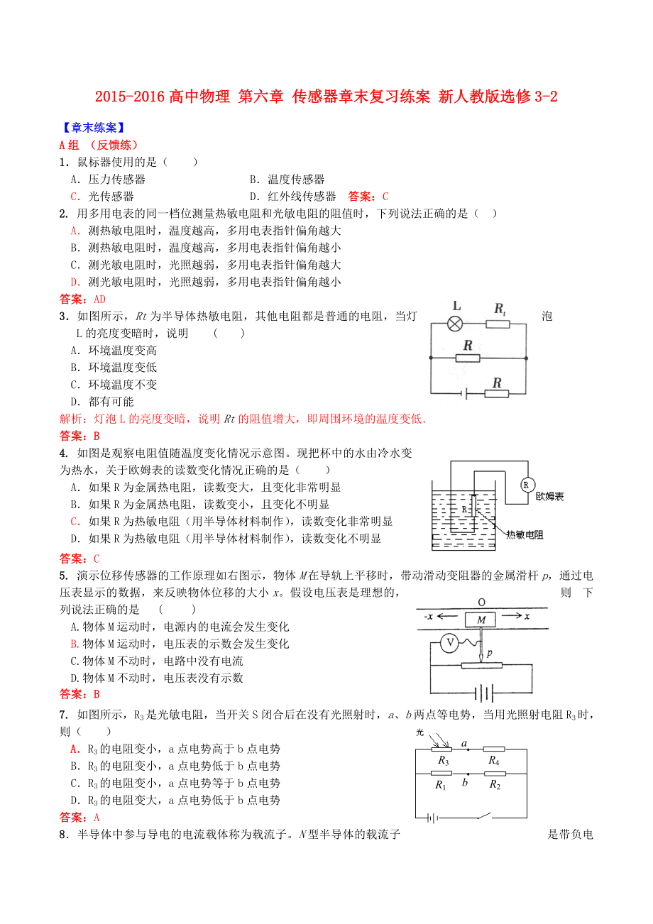 2015-2016高中物理第六章传感器章末复习练案新人教版选修3-2_第1页