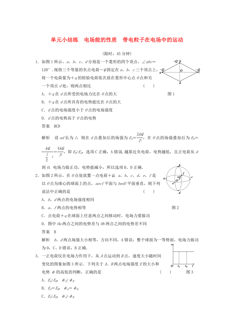 2014年高考物理復(fù)習(xí) 第6章 電場(chǎng)能的性質(zhì)　帶電粒子在電場(chǎng)中的運(yùn)動(dòng)單元小結(jié)練（2）（含解析） 新人教版_第1頁