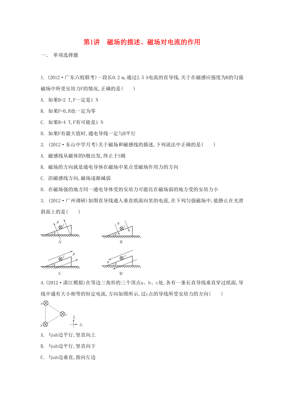 2015屆高考物理二輪復(fù)習(xí)必備章節(jié)檢測(cè) 第10章 檢測(cè)1 磁場(chǎng)的描述、磁場(chǎng)對(duì)電流的作用_第1頁(yè)