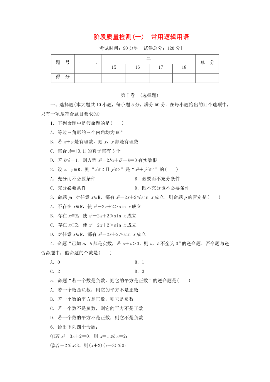 2017-2018学年高中数学阶段质量检测一常用逻辑用语北师大版选修_第1页