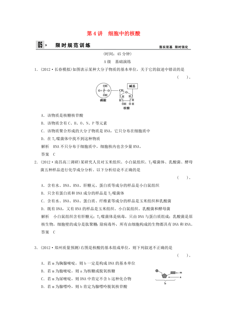 2014屆高三生物一輪 限時規(guī)范訓(xùn)練 1-3-4細胞中的核酸（含解析）中圖版_第1頁