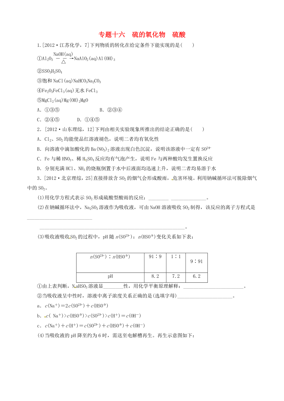 2013高考化學(xué) 必考題型早知道 專題十六 硫的氧化物 硫酸 新人教版_第1頁(yè)