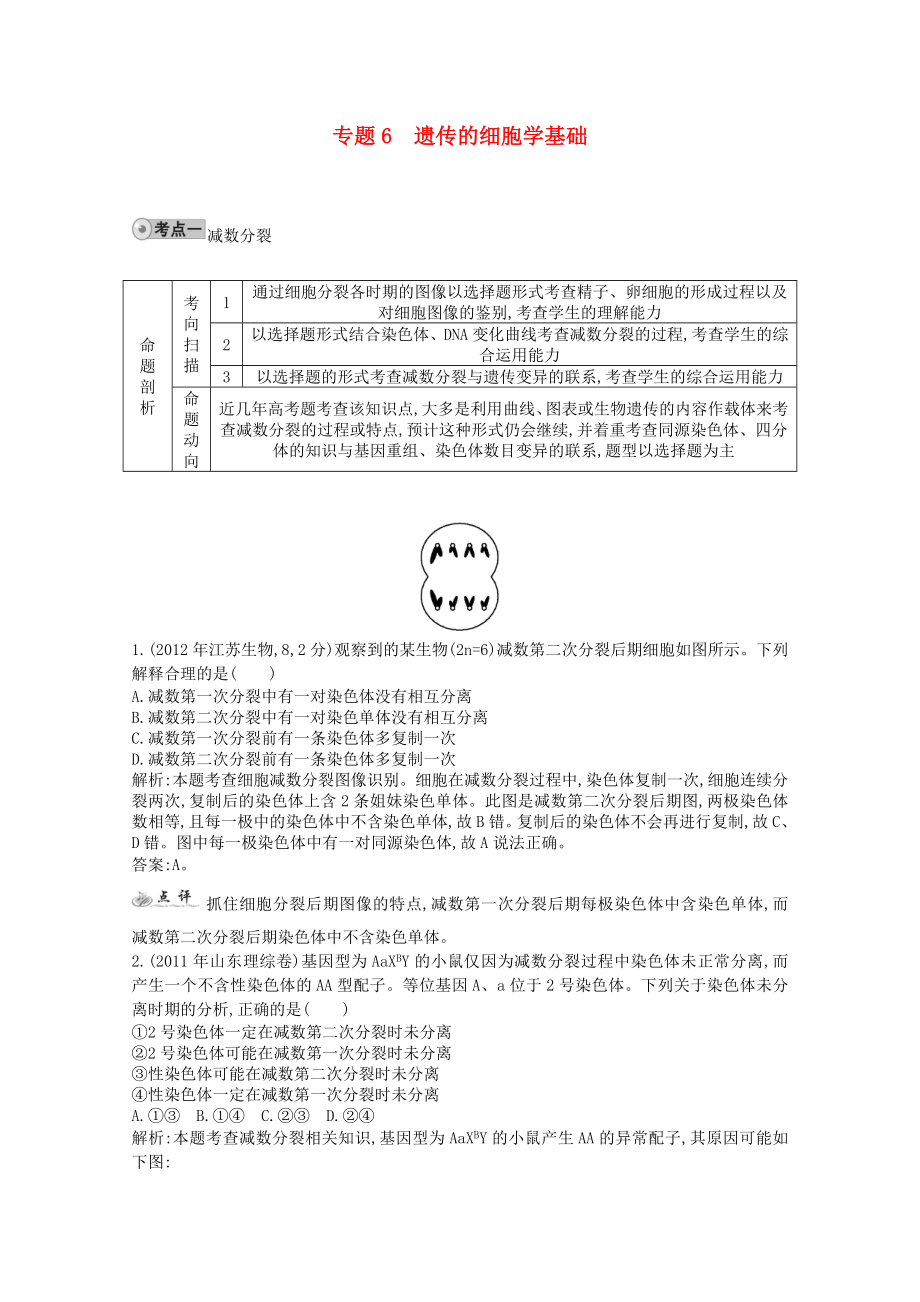 2014高考生物一輪復(fù)習(xí) 配套試題匯編 專題6 遺傳的細(xì)胞學(xué)基礎(chǔ) 新人教版_第1頁(yè)