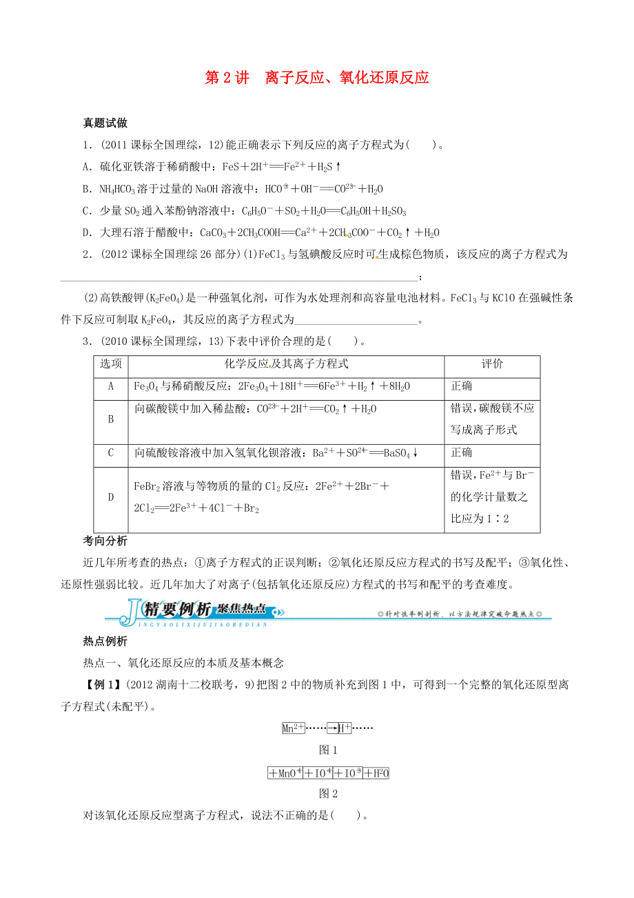 2013屆高考化學(xué) 考前熱點(diǎn)再?zèng)_刺 專(zhuān)題一第2講 離子反應(yīng)、氧化還原反應(yīng) 新人教版_第1頁(yè)