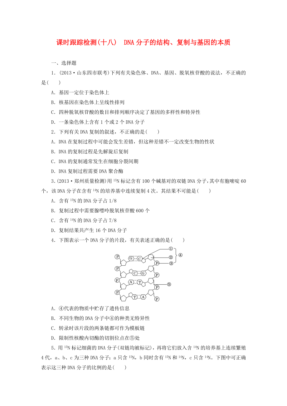 2014高考生物一輪復(fù)習(xí) 課時(shí)跟蹤檢測(十八)DNA分子的結(jié)構(gòu)、復(fù)制與基因的本質(zhì)配套練習(xí) 新人教版_第1頁