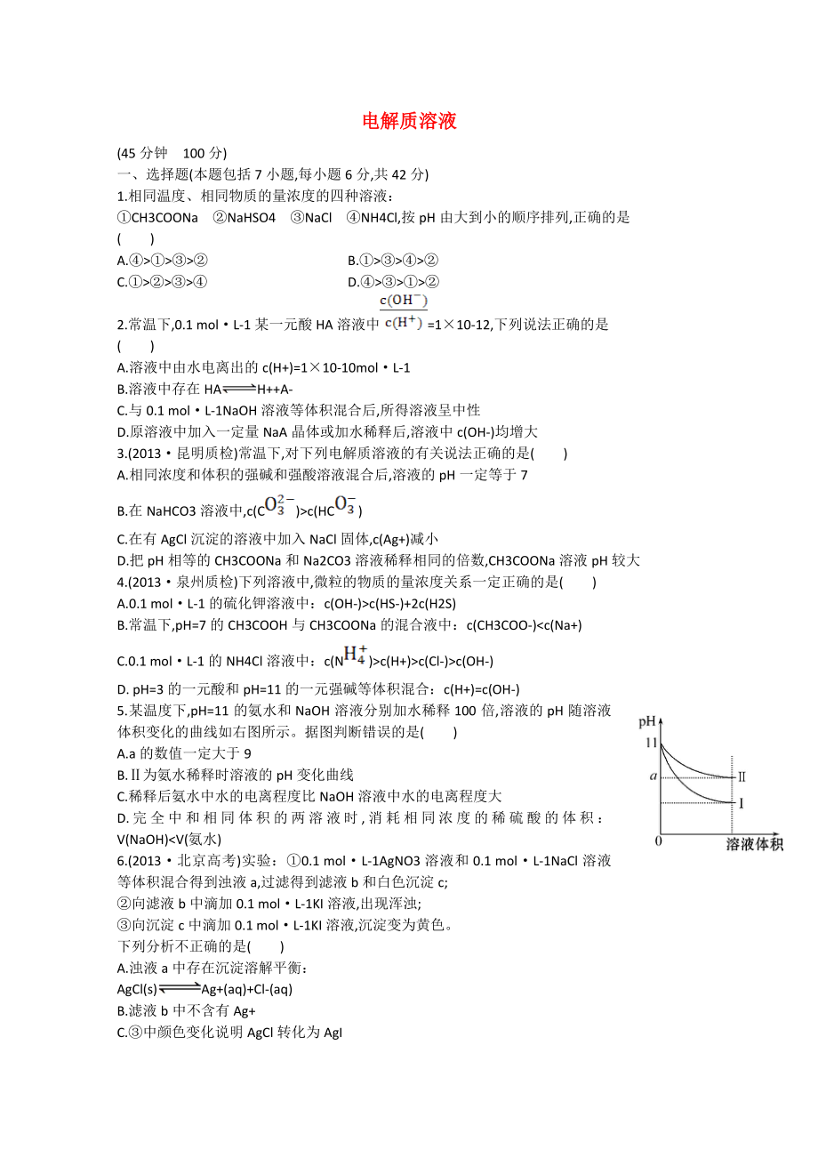 （福建专用）2014版高三化学 专题检测卷（七） 专题二 第4讲 电解质溶液（含解析）_第1页