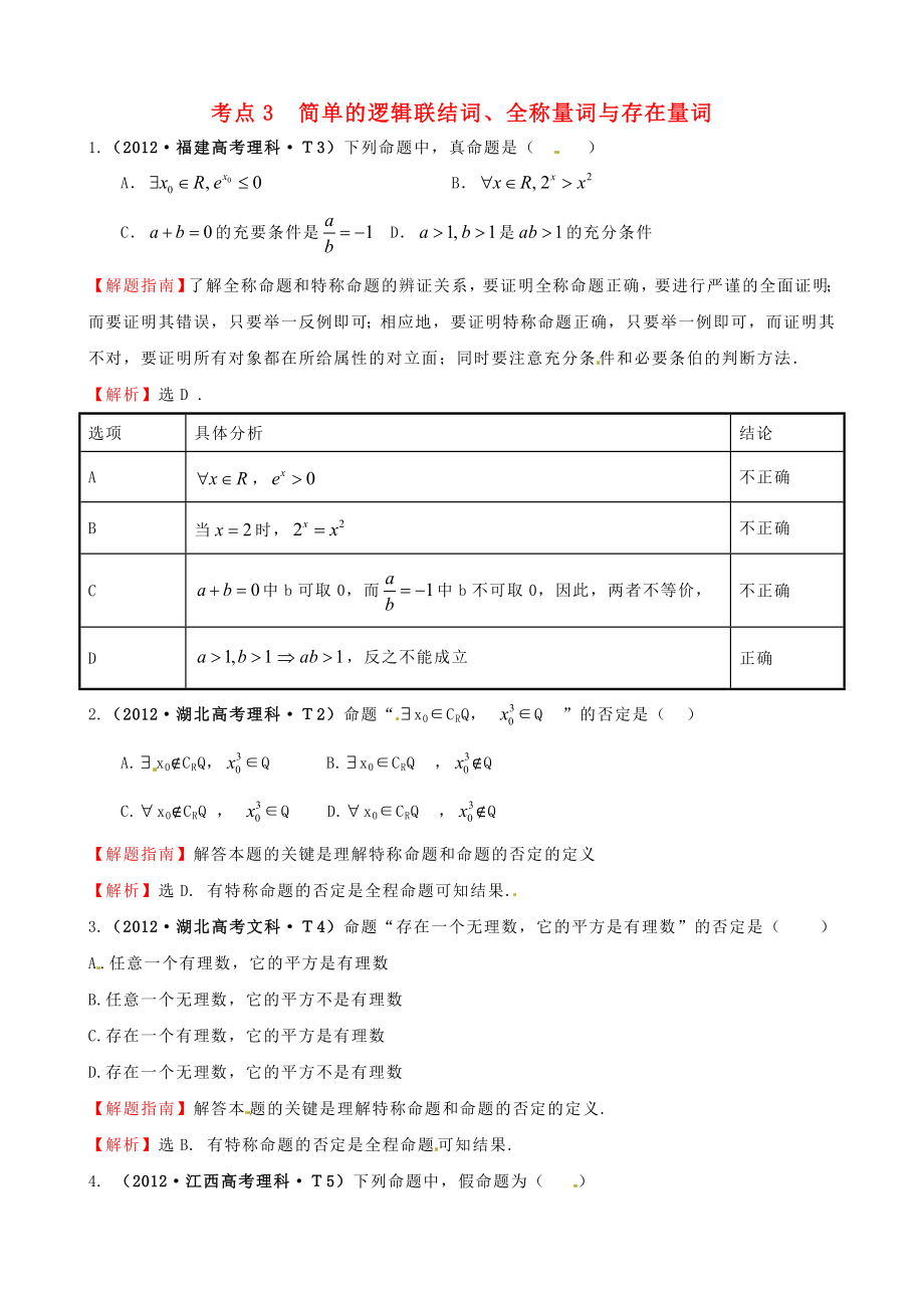 2012年高考數學 考點3 簡單的邏輯聯結詞、全稱量詞與存在量詞_第1頁