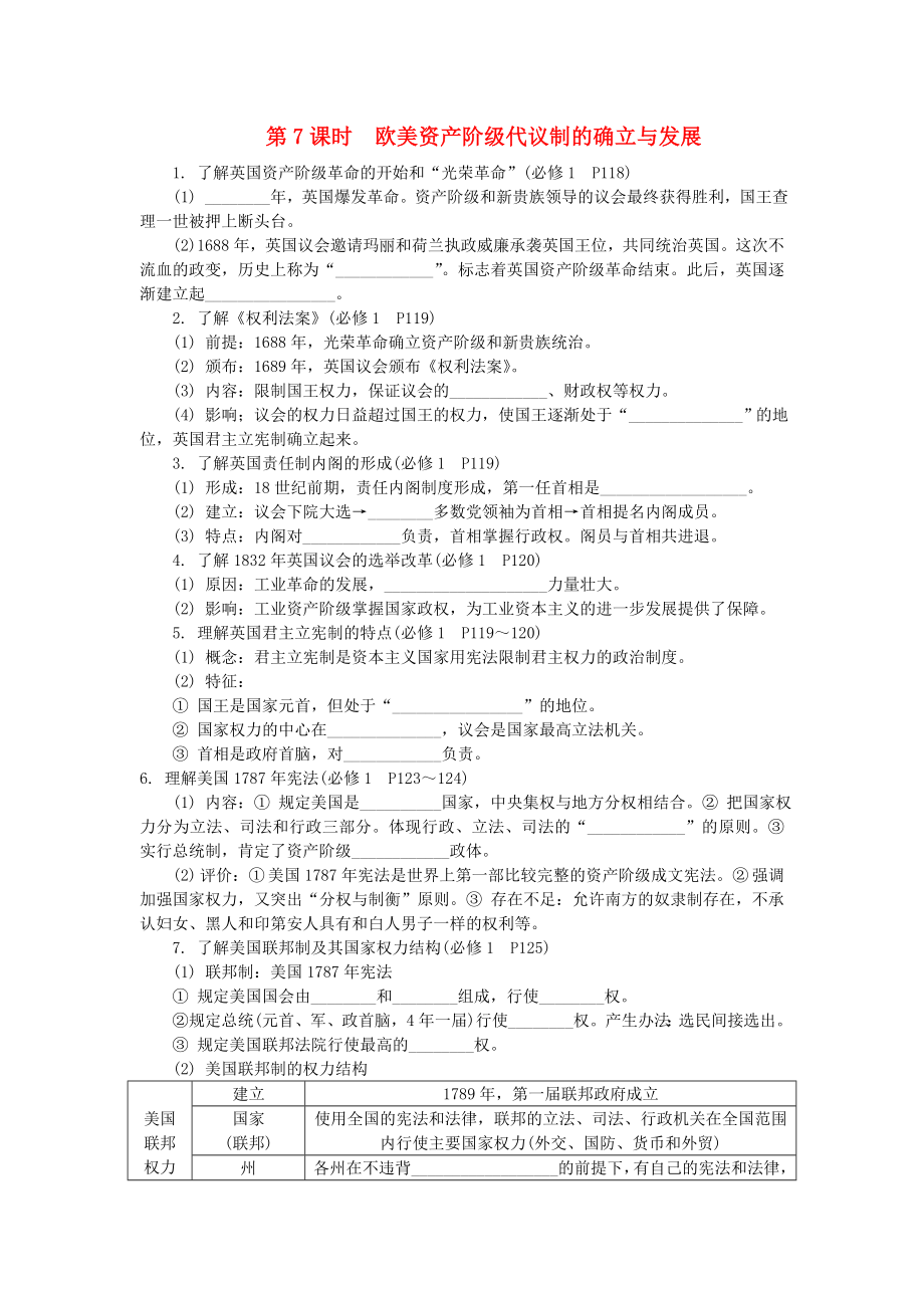 （沖A與過(guò)關(guān)）江蘇省2013高中歷史學(xué)業(yè)水平考試 要點(diǎn)梳理 第7課時(shí) 歐美資產(chǎn)階級(jí)代議制的確立與發(fā)展 人民版_第1頁(yè)