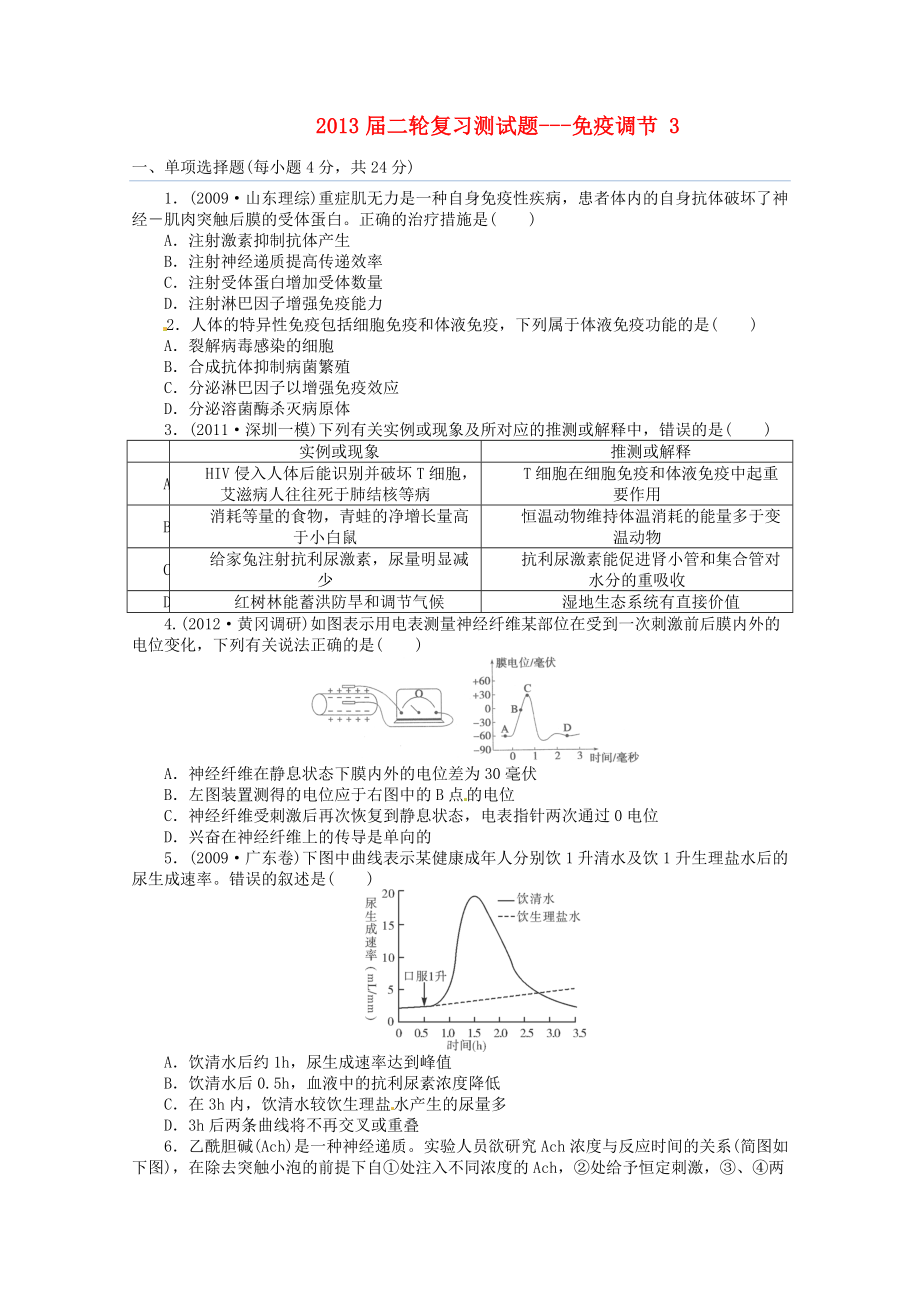 （通用版）2013屆高三二輪復(fù)習(xí) 免疫調(diào)節(jié) 3測試題_第1頁