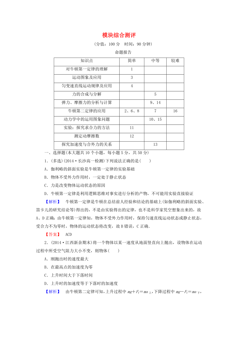 （新課標同步輔導(dǎo)）2016高中物理 模塊綜合測評（含解析）新人教版必修1_第1頁