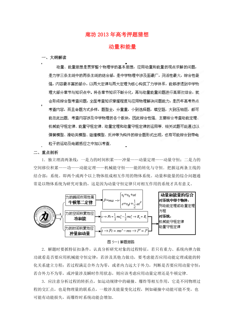 （新课标卷）河北省廊坊市2013年高考物理押题猜想 动量和能量_第1页